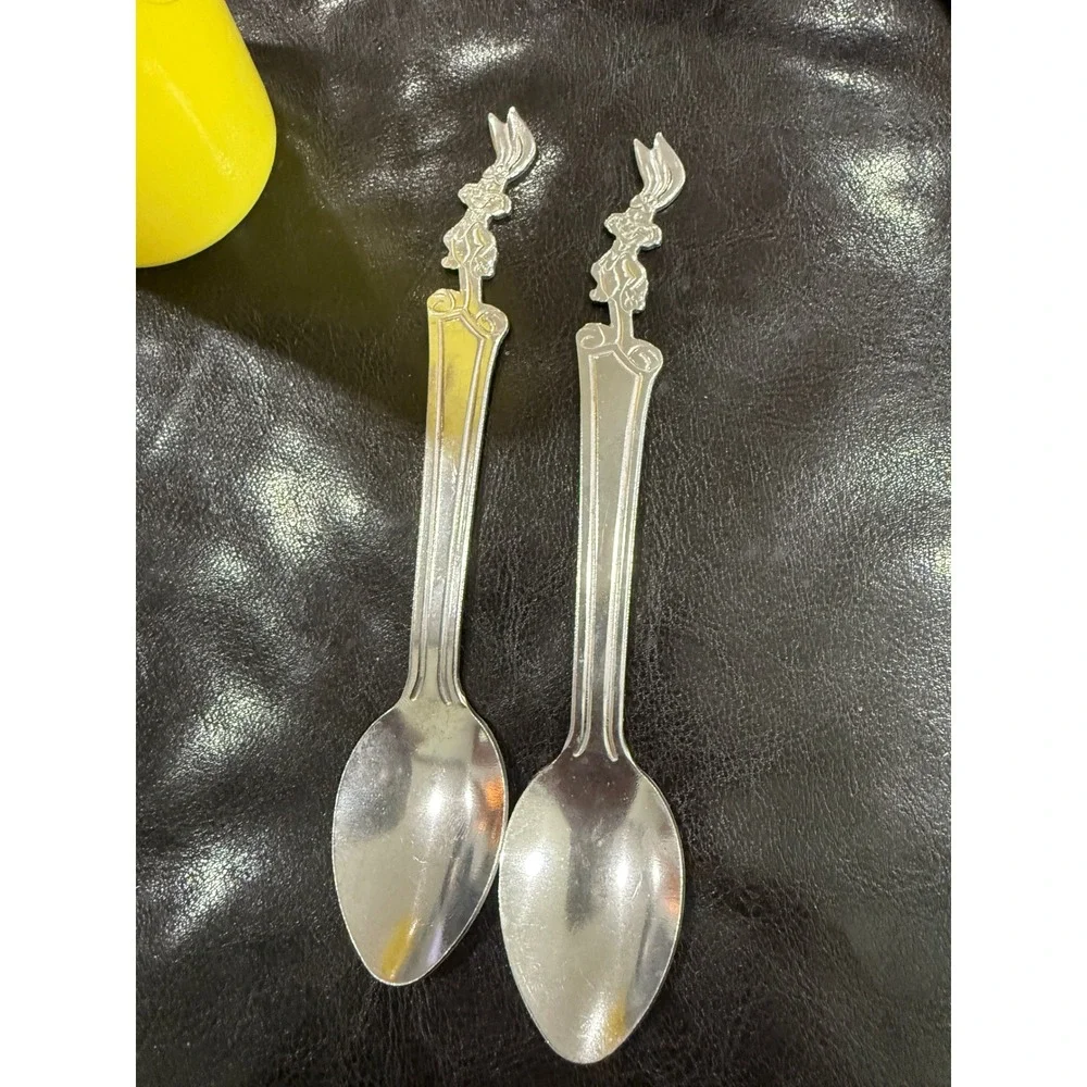 Vintage Nestle Nesquik Yellow Plastic Cup and 2 Bunny Metal Spoons Set Promo‎